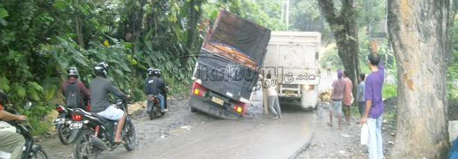 Jalan Berlubang Truk Bermuatan Ayam Hampir Terguling